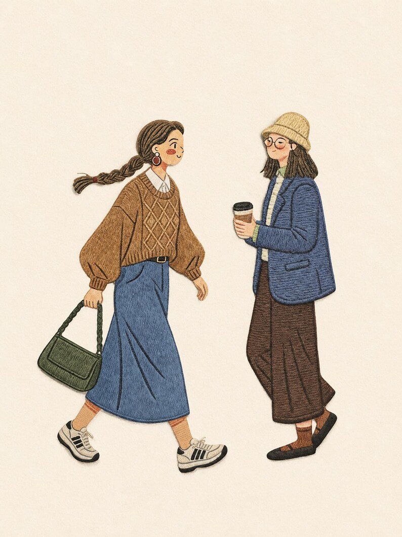 May include: An embroidered illustration of two figures. One wears a brown cable-knit sweater, blue skirt, and white sneakers, carrying a green handbag. The other wears a blue blazer, brown trousers, a beige bucket hat, and holds a coffee cup.