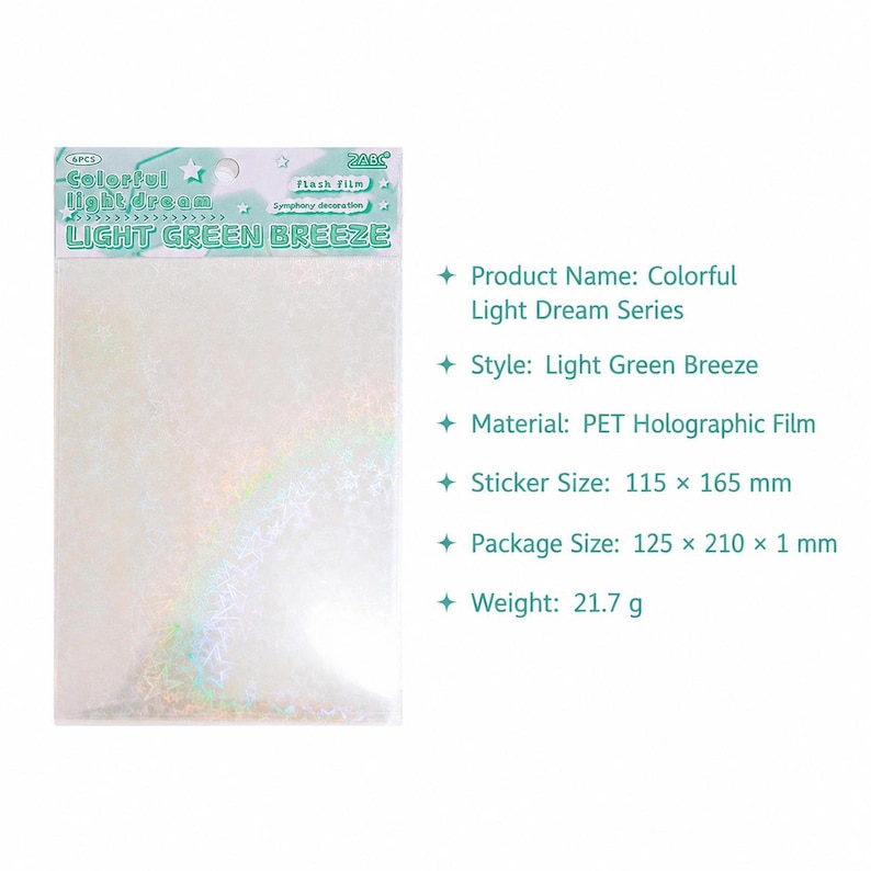 May include: A package of Colorful Light Dream Series stickers in the Light Green Breeze style. The PET holographic film measures 115 x 165 mm, with a package size of 125 x 210 x 1 mm and a weight of 21.7 g. The packaging features light green text.