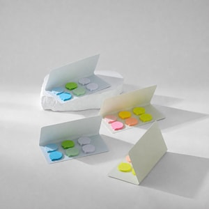 Könnte beinhalten: Drei offene weiße Papierordner mit kleinen, sprechblasenförmigen Haftnotizen in verschiedenen Pastellfarben wie Blau, Grün, Gelb, Rosa und Lavendel. Die Ordner sind in einer Gruppe angeordnet und präsentieren die farbenfrohen, selbstklebenden Markierungen.