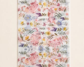 Carta velina con motivo floreale e gatto rosa, confezione regalo botanica, imballaggio per piccole imprese
