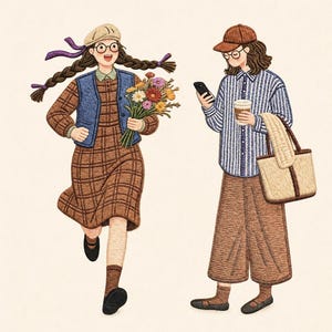 May include: An embroidery art piece depicting two figures. One figure wears a beige beret, a blue vest over a brown plaid dress, and carries a bouquet of colorful flowers. The other figure wears a brown cap, a blue striped shirt, and brown trousers.