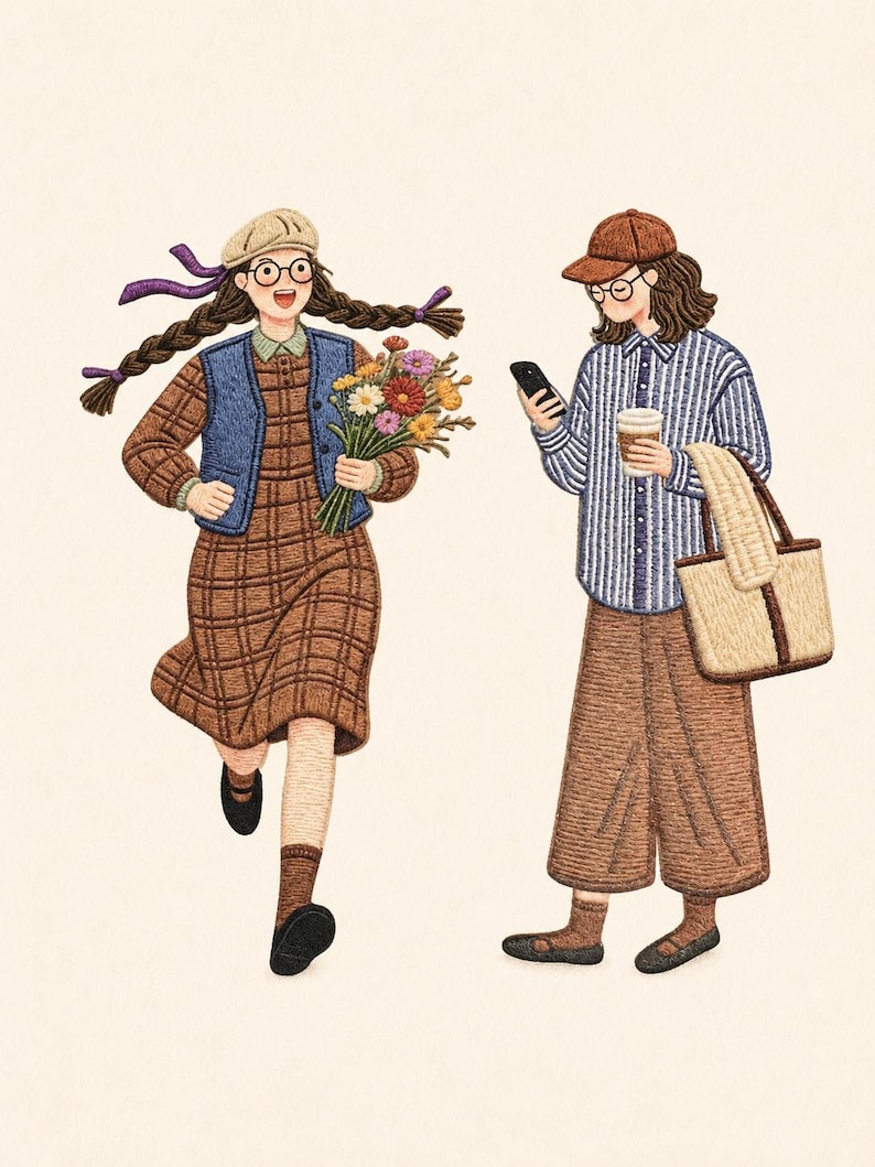 May include: An embroidery art piece depicting two figures. One figure wears a beige beret, a blue vest over a brown plaid dress, and carries a bouquet of colorful flowers. The other figure wears a brown cap, a blue striped shirt, and brown trousers.