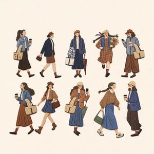 May include: A collection of ten illustrated figures depicted in various outfits including denim jackets, blazers, sweaters, skirts, and trousers. The characters are shown in motion, carrying accessories like tote bags, handbags, umbrellas, and coffee cups.