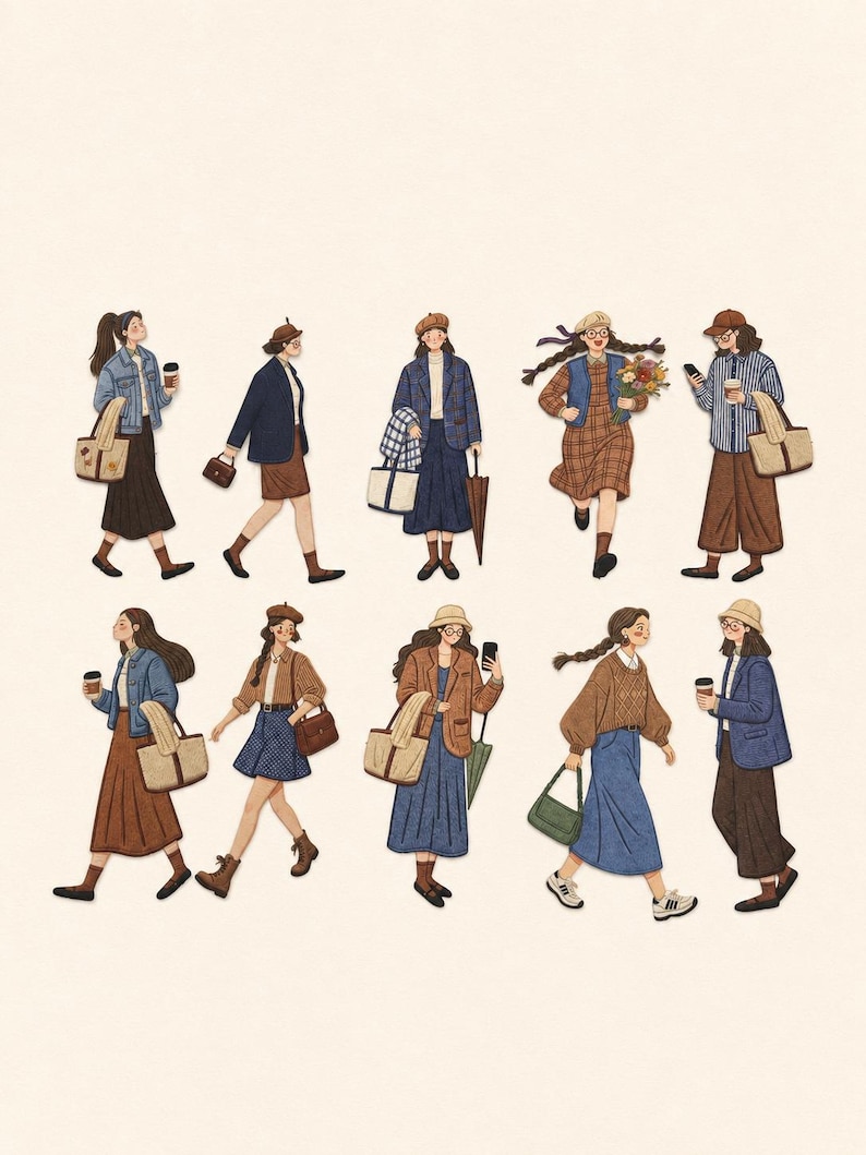 May include: A collection of ten illustrated figures depicted in various outfits including denim jackets, blazers, sweaters, skirts, and trousers. The characters are shown in motion, carrying accessories like tote bags, handbags, umbrellas, and coffee cups.