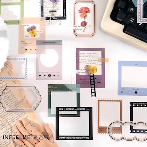 May include: A collection of decorative paper stickers and frames featuring vintage-inspired designs, pressed flower motifs, music player interfaces, film strips, and printed text snippets in various rectangular and scalloped shapes.