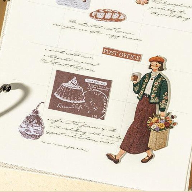 May include: A sticker sheet featuring a person wearing a beret, green floral cardigan, and brown skirt, holding a coffee cup and a basket of flowers. Additional stickers include a loaf of bread, a dessert, and a label reading POST OFFICE.