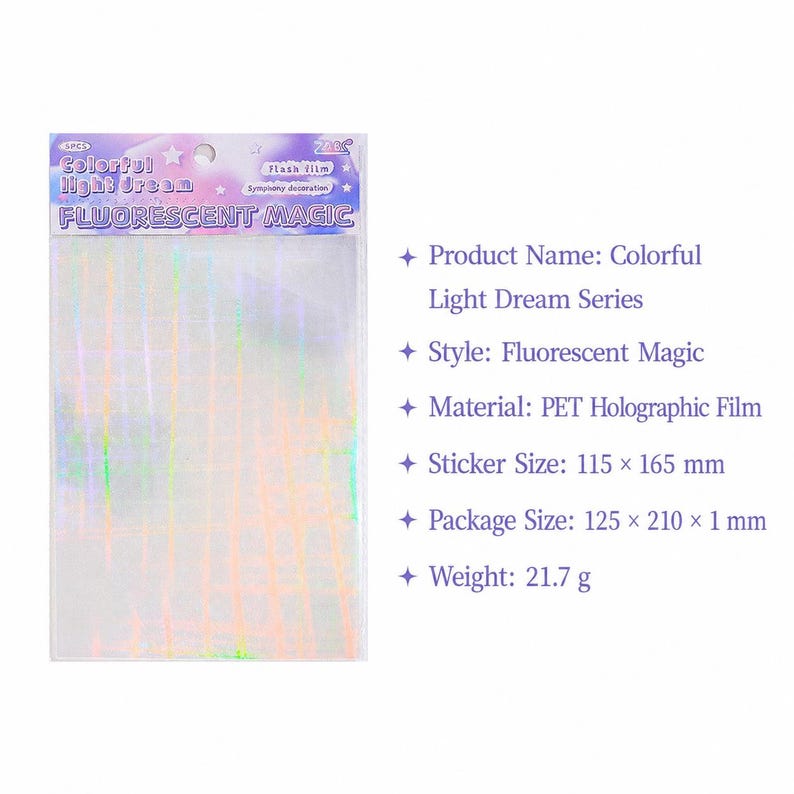 May include: A pack of five sheets of PET holographic film labeled Colorful Light Dream Series Fluorescent Magic. The transparent film features a grid pattern with iridescent light-reflecting properties. The package measures 125 x 210 x 1 mm.