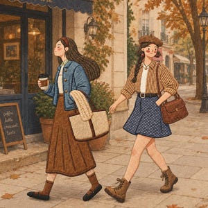 May include: An illustration of two individuals walking past a cafe named Caf&eacute; de Flore. One wears a blue jacket, brown skirt, and carries a tote bag. The other wears a tan cardigan, blue patterned skirt, beret, and carries a brown shoulder bag.
