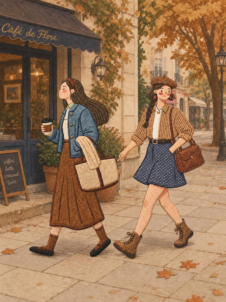 May include: An illustration of two individuals walking past a cafe named Caf&eacute; de Flore. One wears a blue jacket, brown skirt, and carries a tote bag. The other wears a tan cardigan, blue patterned skirt, beret, and carries a brown shoulder bag.