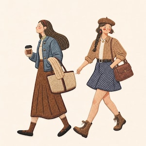 May include: An embroidered illustration of two figures walking. The left figure wears a blue jacket, brown skirt, and carries a tote bag and coffee cup. The right figure wears a tan cardigan, blue polka-dot skirt, beret, and carries a brown handbag.