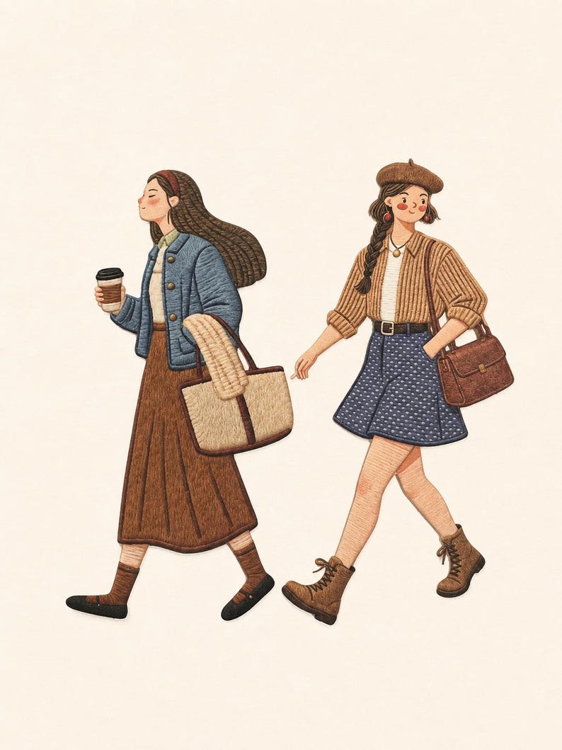 May include: An embroidered illustration of two figures walking. The left figure wears a blue jacket, brown skirt, and carries a tote bag and coffee cup. The right figure wears a tan cardigan, blue polka-dot skirt, beret, and carries a brown handbag.