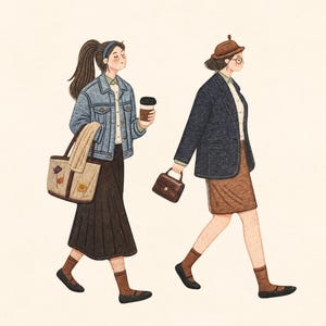 May include: An illustration of two figures walking. The first wears a blue denim jacket, a dark pleated skirt, brown socks, and black shoes, carrying a tote bag with floral embroidery and a coffee cup. The second wears a dark blazer, brown skirt, brown hat, and black shoes.