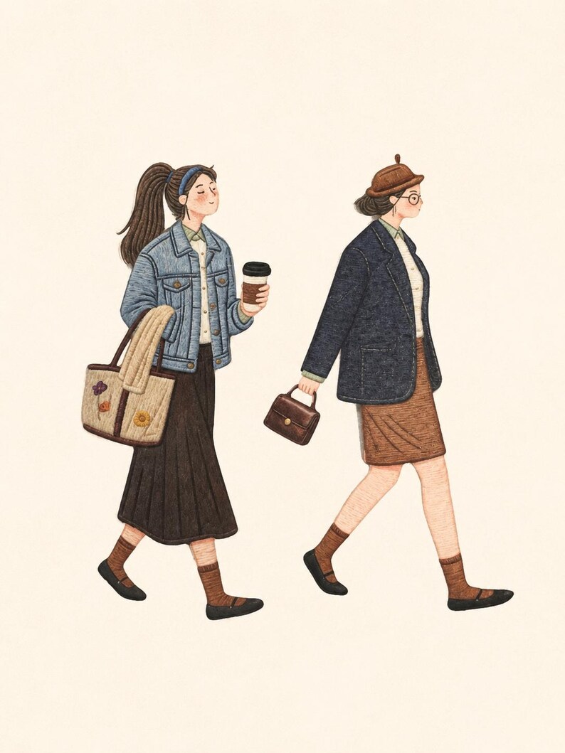 May include: An illustration of two figures walking. The first wears a blue denim jacket, a dark pleated skirt, brown socks, and black shoes, carrying a tote bag with floral embroidery and a coffee cup. The second wears a dark blazer, brown skirt, brown hat, and black shoes.