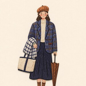 May include: An embroidered patch depicting a figure wearing a brown beret, a blue plaid blazer, a cream turtleneck, and a dark blue skirt. The figure holds a white and blue plaid tote bag and a closed brown umbrella, wearing brown boots.