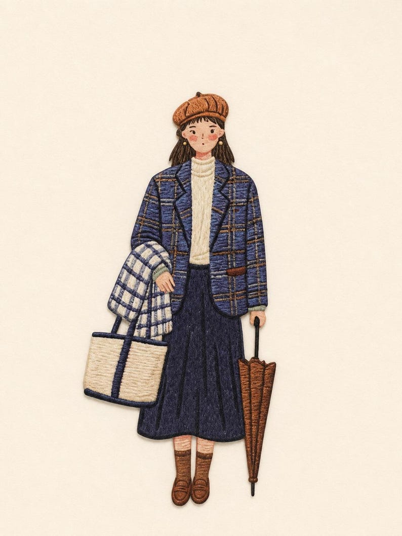 May include: An embroidered patch depicting a figure wearing a brown beret, a blue plaid blazer, a cream turtleneck, and a dark blue skirt. The figure holds a white and blue plaid tote bag and a closed brown umbrella, wearing brown boots.