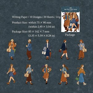May include: A set of writing paper featuring 10 designs and 20 sheets, titled Her Own Little World. The product size is within 2.95 x 3.54 inches, and the package size is 3.35 x 5.59 x 0.28 inches. Includes illustrations of people in outfits.