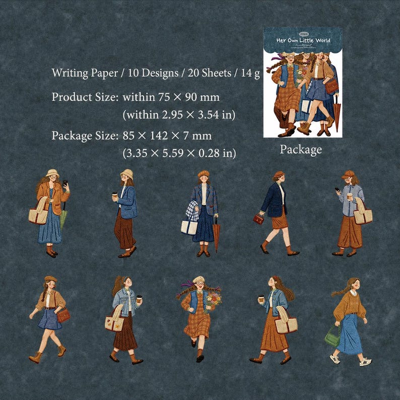May include: A set of writing paper featuring 10 designs and 20 sheets, titled Her Own Little World. The product size is within 2.95 x 3.54 inches, and the package size is 3.35 x 5.59 x 0.28 inches. Includes illustrations of people in outfits.