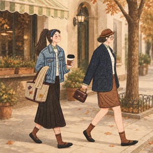 May include: An illustration of two individuals walking on a sidewalk. One wears a blue denim jacket, dark skirt, and carries a beige tote bag with floral embroidery and a coffee cup. The other wears a dark blazer, brown skirt, and carries a small handbag.