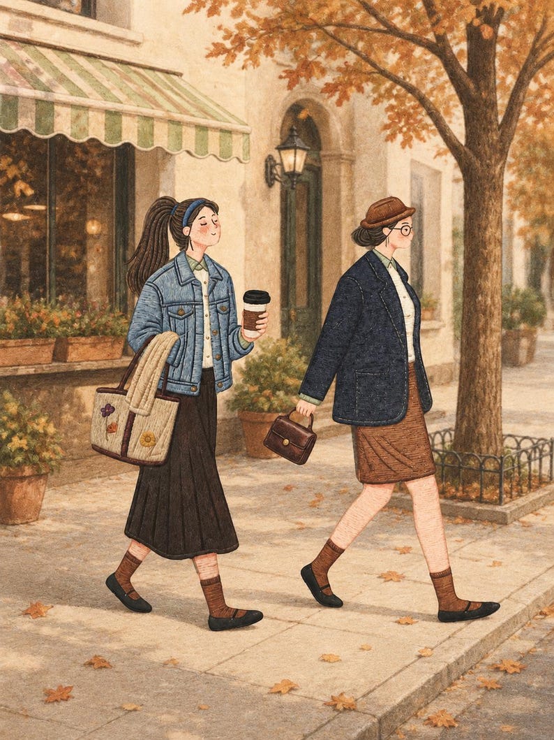 May include: An illustration of two individuals walking on a sidewalk. One wears a blue denim jacket, dark skirt, and carries a beige tote bag with floral embroidery and a coffee cup. The other wears a dark blazer, brown skirt, and carries a small handbag.