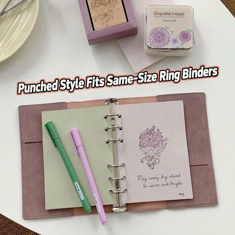 May include: A mauve ring binder with a six-ring metal mechanism, containing light green and cream-colored paper. The cream page features a floral illustration and the text, "May every day ahead be warm and bright. May." A green and a lilac pen are placed on the pages.