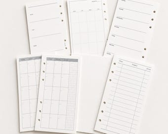 Insertos para agenda personal de 6 anillas, 120 g/m², páginas semanales, mensuales y con cuadrícula de puntos sin fecha.
