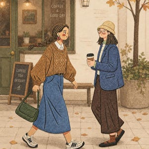 May include: An illustration of two individuals walking past a cafe. One wears a brown cable-knit sweater, blue skirt, and green handbag. The other wears a blue blazer, brown trousers, and a beige bucket hat, holding a coffee cup. A sign reads COFFEE & GOOD DAY.
