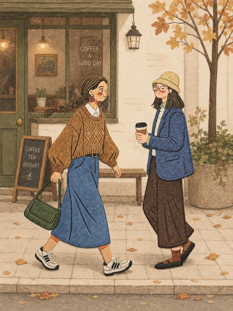 May include: An illustration of two individuals walking past a cafe. One wears a brown cable-knit sweater, blue skirt, and green handbag. The other wears a blue blazer, brown trousers, and a beige bucket hat, holding a coffee cup. A sign reads COFFEE & GOOD DAY.
