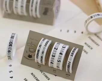 Cinta adhesiva Washi perforada con calendario, meses, días de la semana y números de fecha para agendas y bullet journals, 5 rollos.