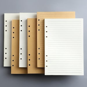 May include: A set of loose-leaf planner paper inserts featuring various styles including blank white, lined tan, white grid, tan grid, and lined white sheets. Each rectangular page has a vertical column of six circular punched holes along the left side.
