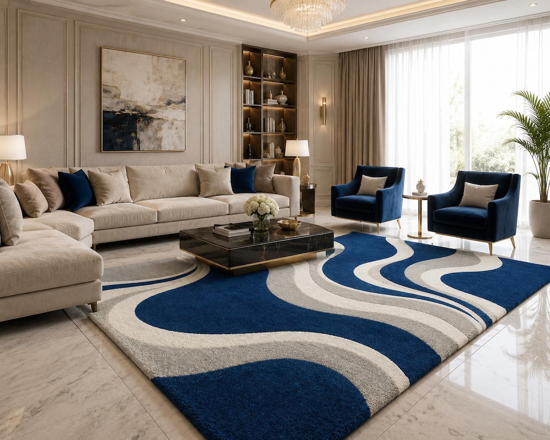 Navy Blue Abstract Wave Hand-tufted Wool Area Rug – Modern Bedroom ...