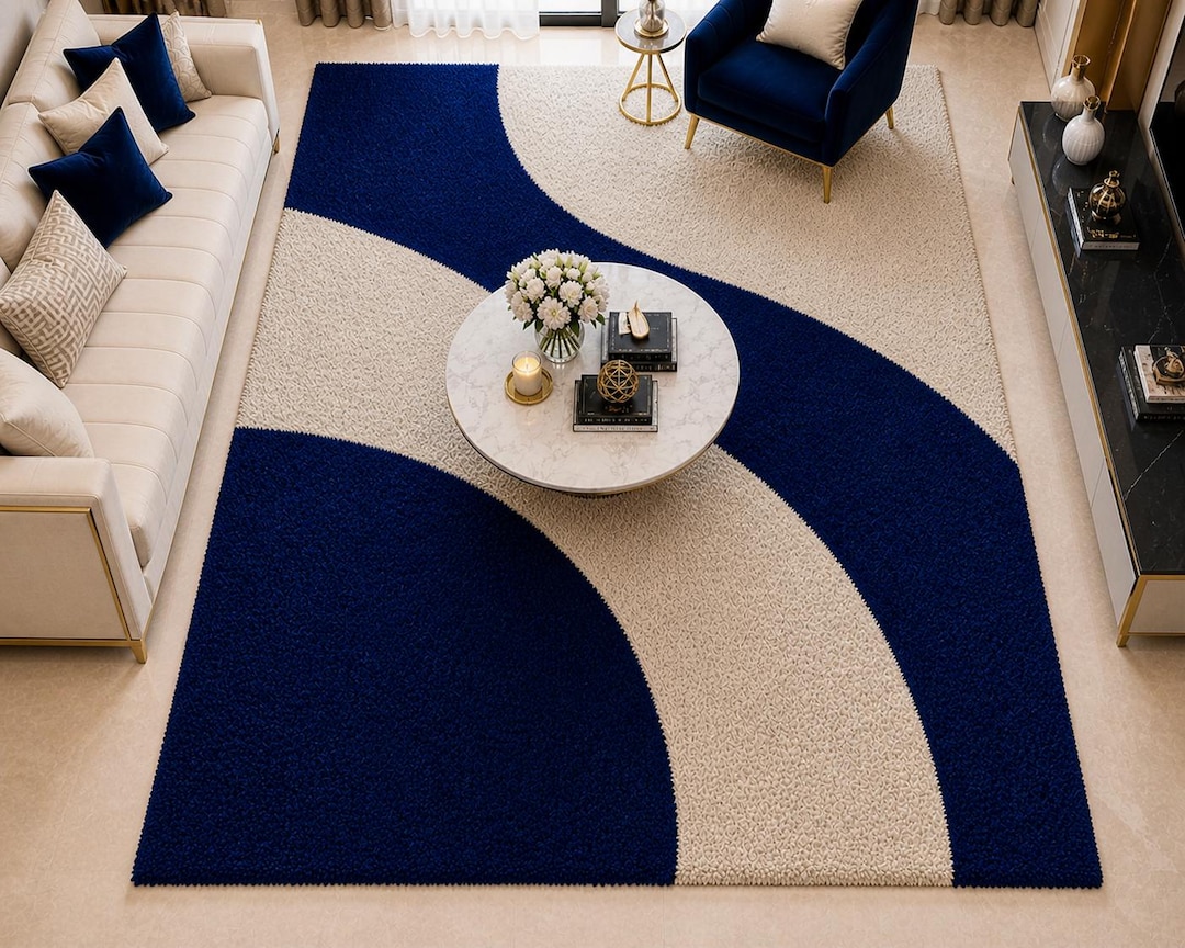 Modern Navy Blue Cream Hand Tufted Rug, Abstract Curved Wool Area Rug ...