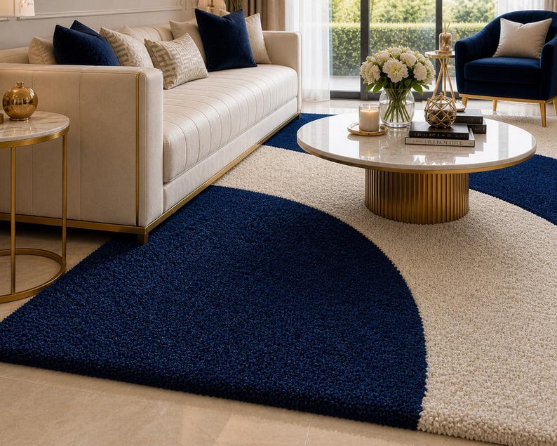 Modern Navy Blue Cream Hand Tufted Rug, Abstract Curved Wool Area Rug ...