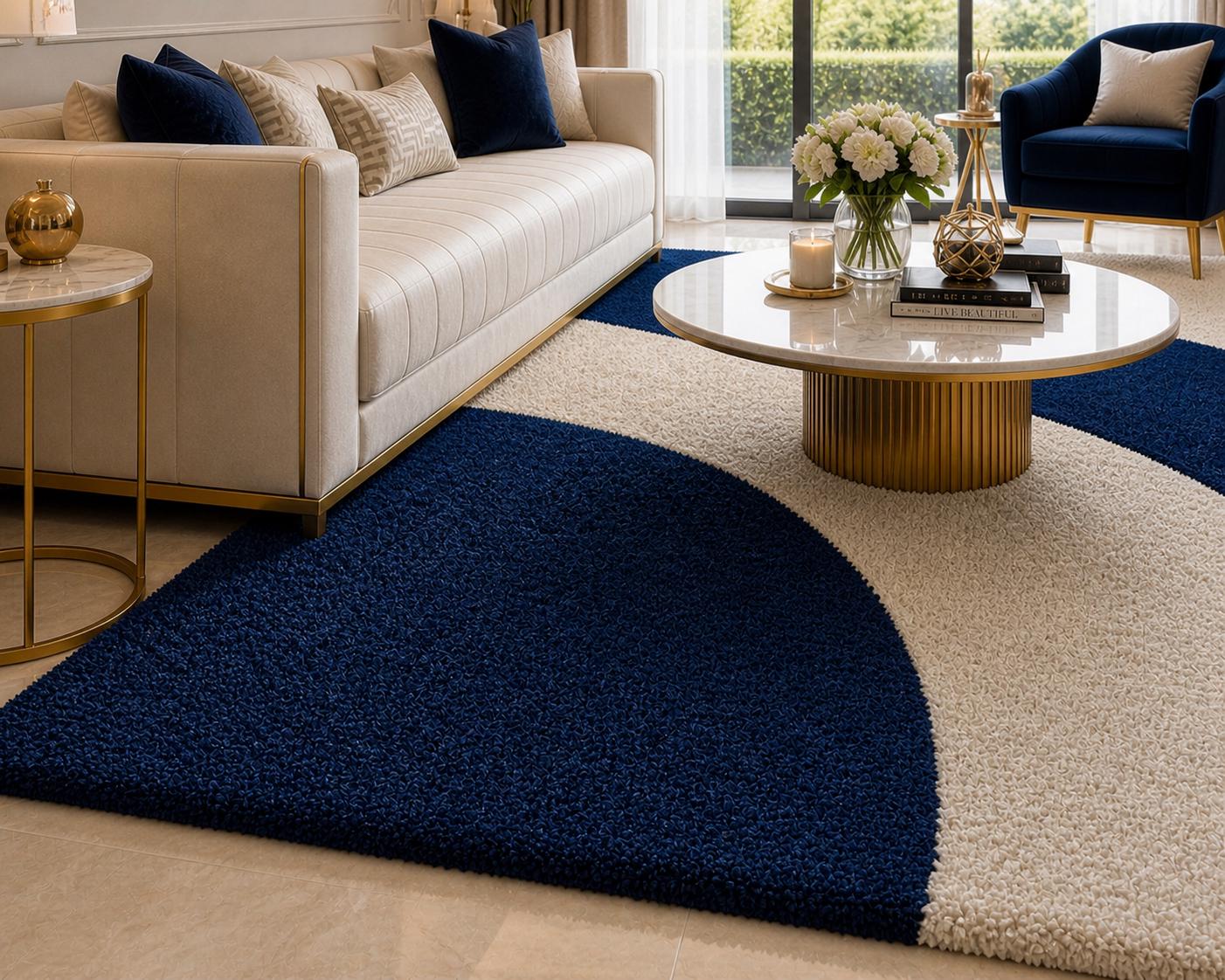 Modern Navy Blue Cream Hand Tufted Rug, Abstract Curved Wool Area Rug ...