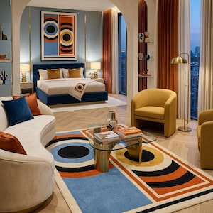 Hand Tufted Wool Rug, Modern Abstract Geometric Design, Black Orange Blue Carpet handmade rug castom order luxury your living room bedroom