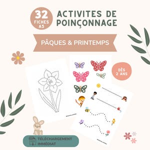 Peut inclure: Un ensemble de 32 fiches A5 d'activités de poinçonnage sur le thème de Pâques et du printemps. Les pages présentent des contours en pointillés d'une jonquille, de papillons et des tracés reliant des personnages à des objets. Texte inclus : 32 FICHES A5 ACTIVITES DE POINÇONNAGE PÂQUES & PRINTEMPS DÈS 2 ANS TÉLÉCHARGEMENT IMMÉDIAT.