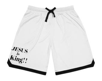 Pantalones cortos de baloncesto Jesus is King / Pantalones cortos deportivos de canalé, blancos con ribete negro.