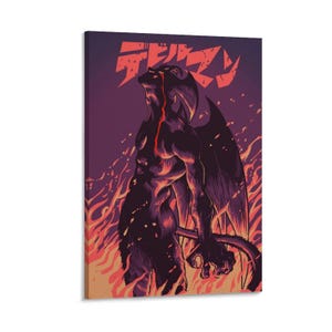 May include: A canvas print featuring a dark, muscular demon with large wings, standing amidst flames. The demon has a red streak down its face, and Japanese text is at the top. The color palette includes shades of purple, red, and orange.