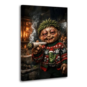 May include: A canvas print featuring a doll with stitched skin, green hair, and red-rimmed eyes, wearing a red and green holiday sweater with skull and leaf patterns. The doll holds a lit, smoking joint in one hand. The text Moriarty's is visible.