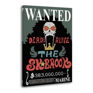 May include: A rectangular wall art print featuring a wanted poster design. The text WANTED appears at the top in white. A central skull graphic with red-tinted glasses and a gold crown sits above the text THE SK BROOK and 383,000,000.