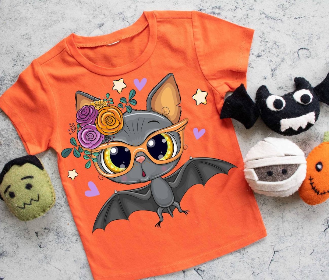 Halloween Cute Girls Graphic Tshirt, Cute Bat Shirt, Orange Cute Bat Shirt, Little Girls