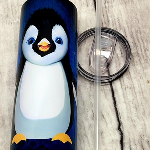 Cartoon Penguin Tumbler, Cartoon Penguin Cup, cute penguin gifts, penguin drinkware, birthday gifts, blue penguin tumbler, penguin gifts