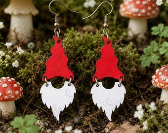 Wooden Gnome Dangle Earrings | Red Hat Gnome Earrings | Whimsical Garden Gnome Jewelry | Handmade Gift for Women