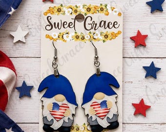 Patriotic Gnome Earrings | American Flag Heart Gnome Dangle Earrings | 4th of July Jewelry | USA Pride Gift for Women