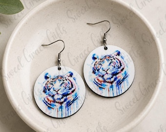Watercolor Tiger Circle Earrings | Tiger Lover Gift | Wildlife Animal Dangle Earrings | Lightweight Statement Jewelry