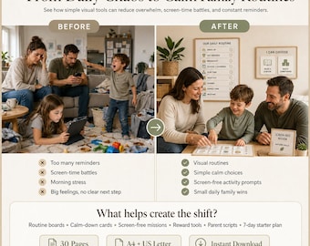 Kids Routine Chart Printable, Morning Checklist, Calm Choices, Screen-Free Activities