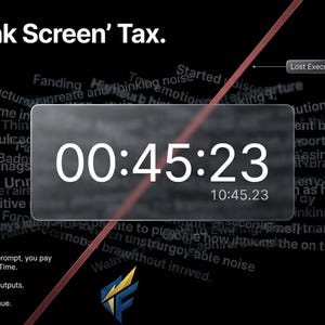 May include: A digital graphic with the text "The 'Blank Screen' Tax." A timer displays 00:45:23, with additional text and a red diagonal line. The bottom text reads, "Every time you type a generic prompt, you pay with your most valuable asset: Time."