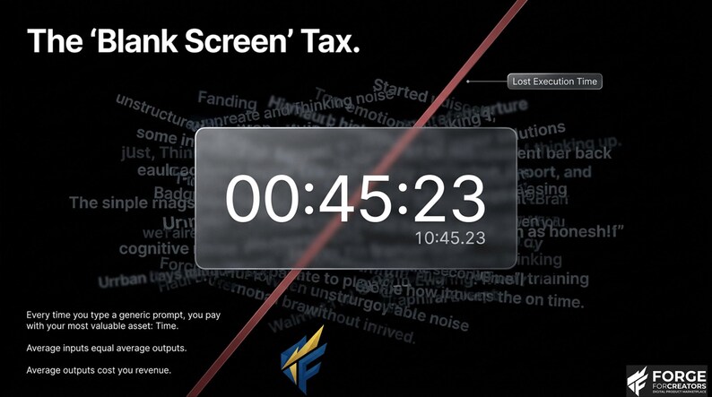 May include: A digital graphic with the text "The 'Blank Screen' Tax." A timer displays 00:45:23, with additional text and a red diagonal line. The bottom text reads, "Every time you type a generic prompt, you pay with your most valuable asset: Time."