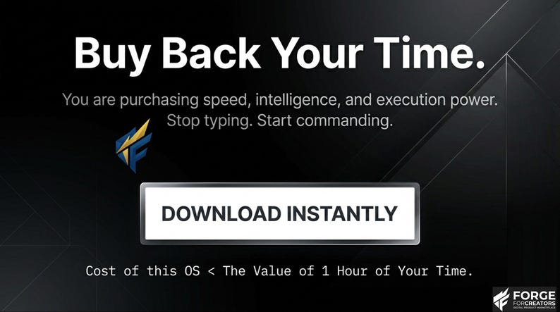 May include: Dark background with the text "Buy Back Your Time." and "Download Instantly" in a white box. The text states you are purchasing speed, intelligence, and execution power. The logo for Forge For Creators is in the bottom right.