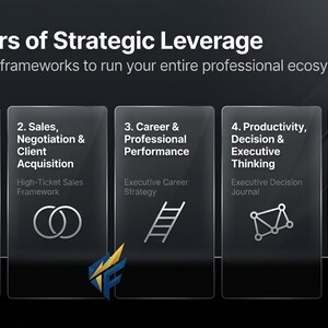 May include: Graphic with the text "Five Pillars of Strategic Leverage" and five numbered sections. Each section has a title and a subtitle, with icons representing business growth, sales, career, productivity, and content creation.