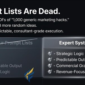 May include: A digital graphic with the text "Prompt Lists Are Dead." It contrasts "Amateur Prompt Lists" with "Expert Systems," listing characteristics like "Strategic Logic" and "Predictable Outcomes." A logo for "FORGE FOR CREATORS" is in the bottom right.